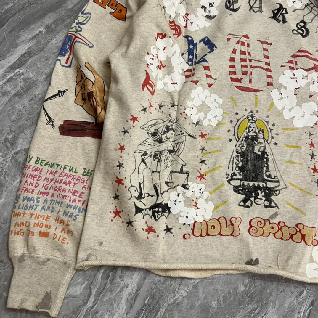 DENIM TEARS × ©SAINT M×××××× "SAINT TEARS" Graffiti Hoodie 22ss co-branded cotton graffiti hoodie, full printed washed distressed hole Vintage sweatshirt, gray S-XL, super heavy duty! The whole piece is printed with 35 screens and counterpoint printing!